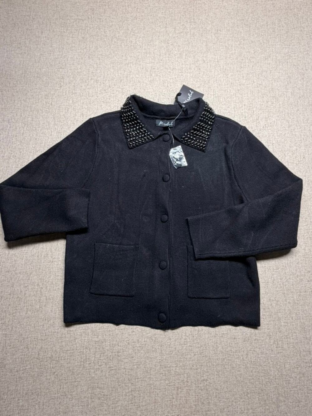 NWT Marled Black Beaded Collar Cardigan Sweater Button Front Medium